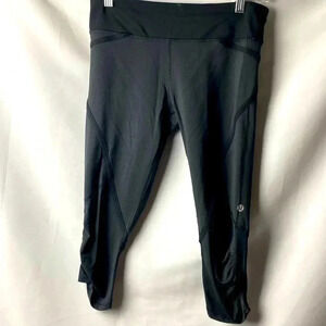 LULULEMON WO SIZE 6 RUN FOR YOUR LIFE CROP SPORT LEGGINGS BLACK WAIST ZIP POCKET
